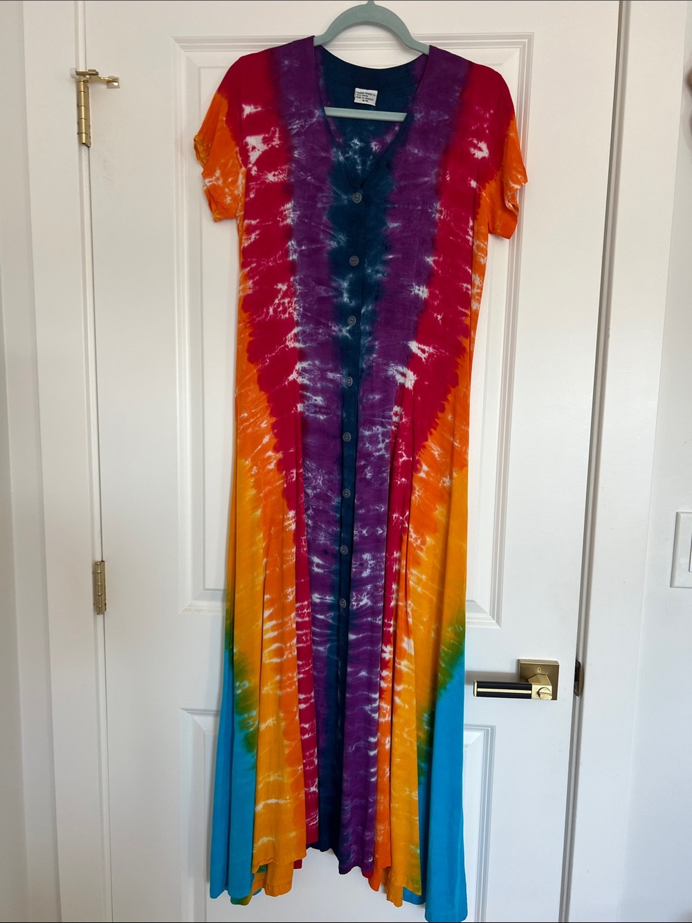 Rainbow Tie-Dye Button-Front Maxi Dress in Vibrant Multicolor